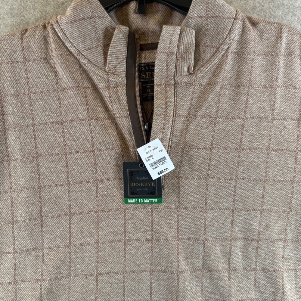 Jos. A. Bank Reserve Windowpane Quarter Zip XL Tan Cotton Pullover 0455